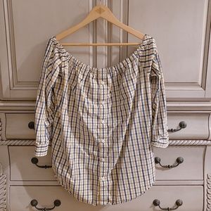 Off-Shoulder Plaid Button-down Blouse Top